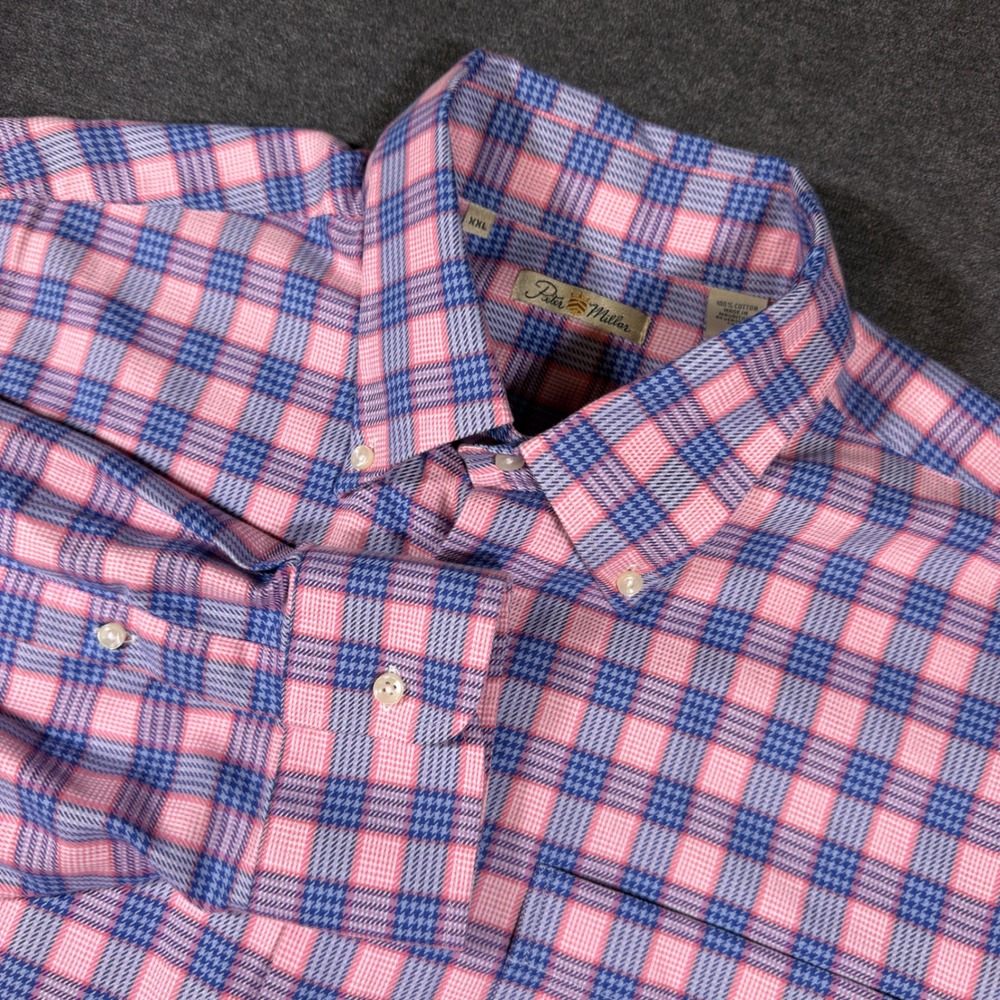 Peter Millar Shirt Mens XXL Pink Blue Plaid Button Down Cotton Long Sleeve